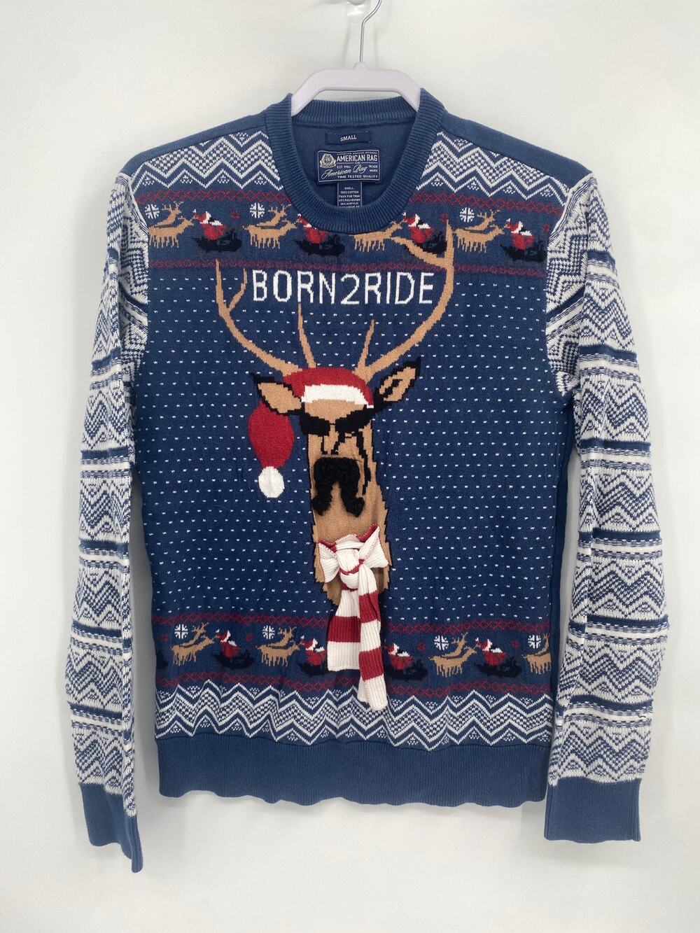American Rag Mustache Reindeer Ugly Christmas Sweater Born2Ride Blue Small